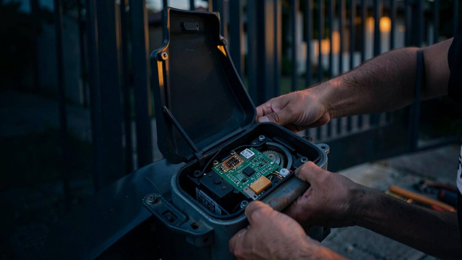 Técnico fazendo manutenção em motor de portão automático